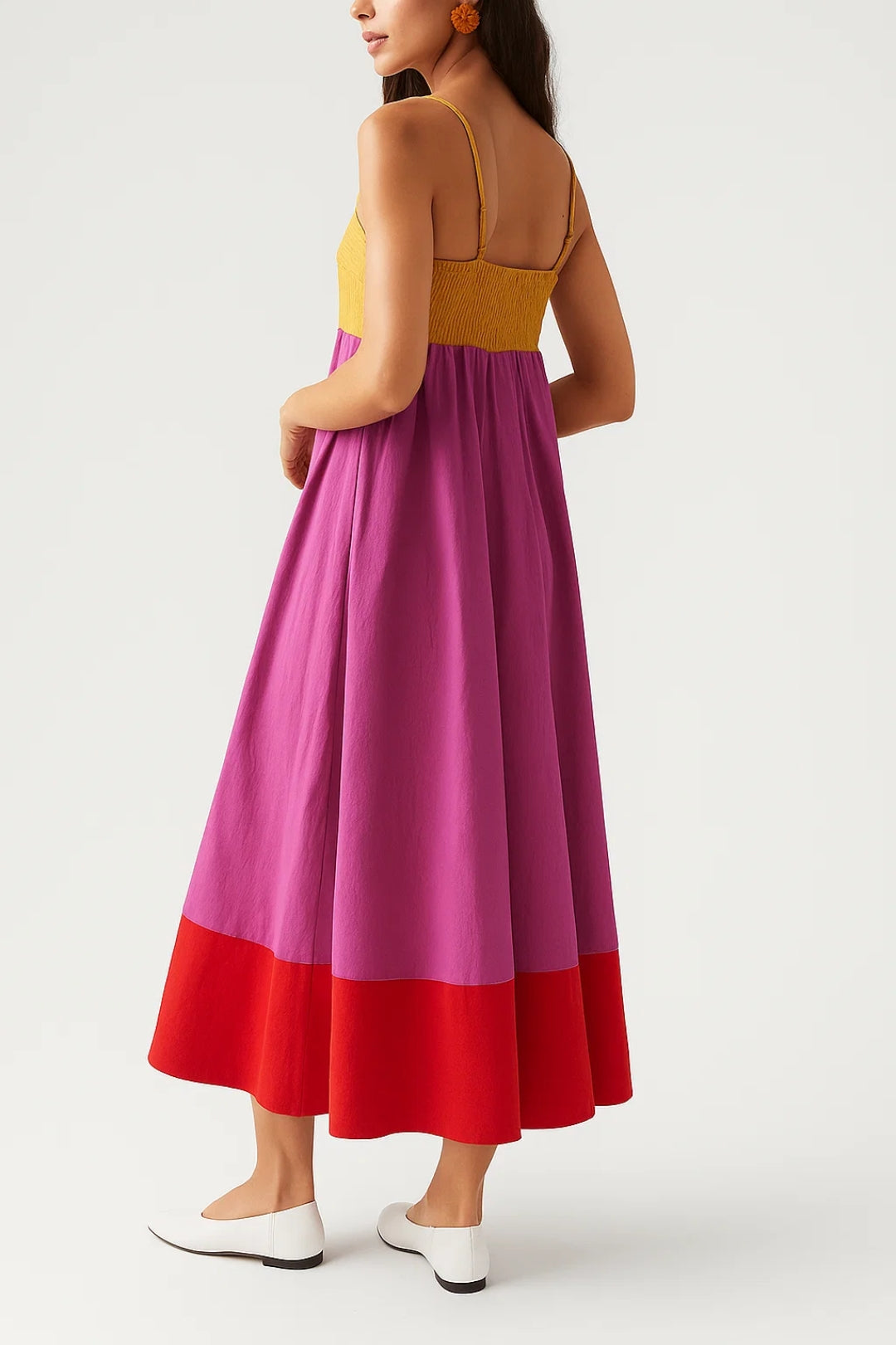 Midi Jurk Dames Zomer Smalle Bandjes Colour Block Stijl