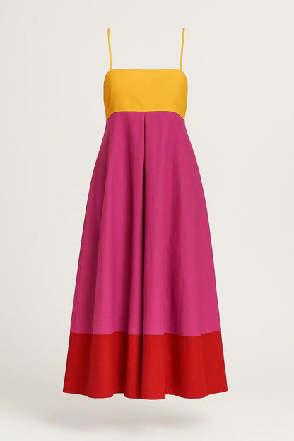 Midi Jurk Dames Zomer Smalle Bandjes Colour Block Stijl