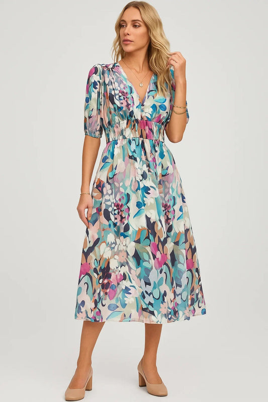 Midi Jurk Dames Bloemenprint V-hals Elegant Zomerjurk - StudioMarella