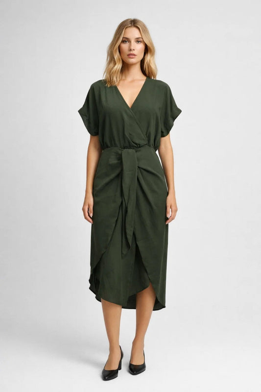 Midi Jurk Dames Wikkeljurk met V-hals en Strikceintuur Veelzijdig Elegante Zomerjurk - StudioMarella