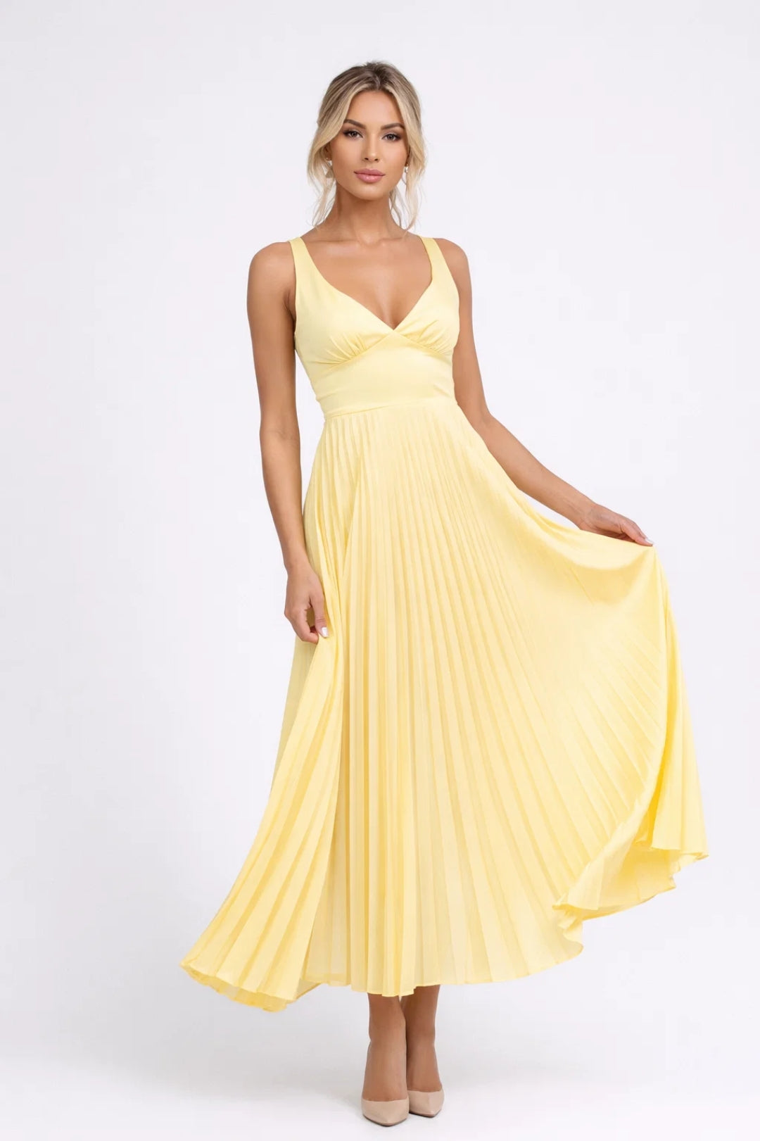 Midi Jurk Dames Plissé Rok V-hals Hoge Taille Elegante Zomerjurk - StudioMarella