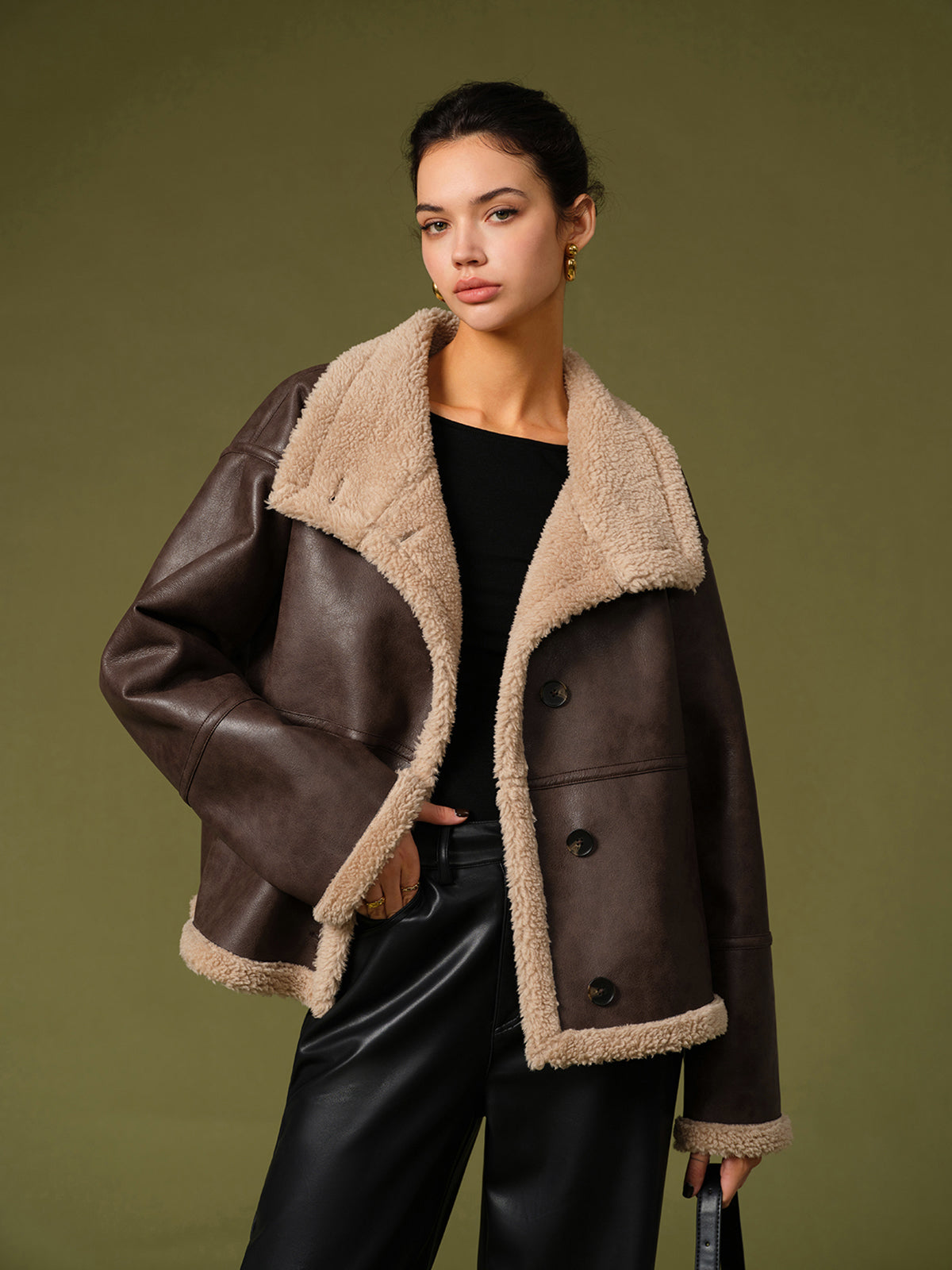Dames Fleece Winterjas Faux Leren Look Stoer en Warm - StudioMarella