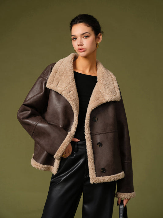 Dames Fleece Winterjas Faux Leren Look Stoer en Warm - StudioMarella