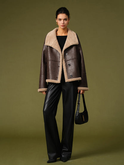 Dames Fleece Winterjas Faux Leren Look Stoer en Warm