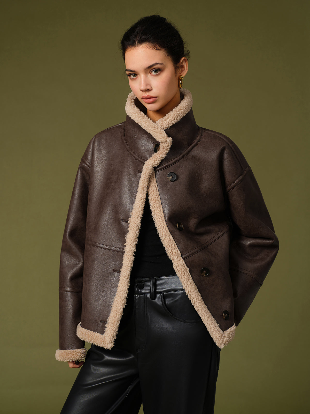 Dames Fleece Winterjas Faux Leren Look Stoer en Warm