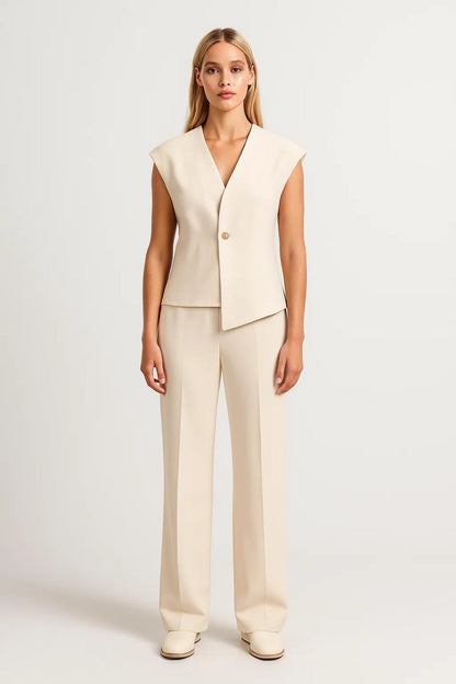 Damespak Mouwloos Gilet en Rechte Broek Elegant Zwart