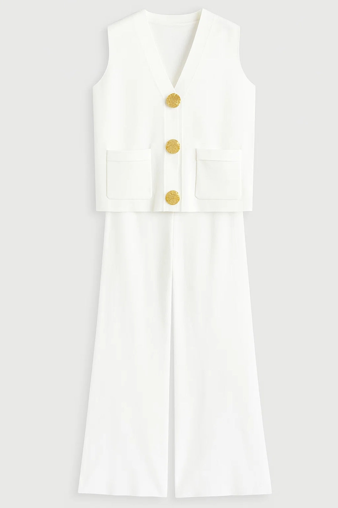 Mouwloze Gilet Set met Rechte Pantalon en Gouden Knopen Elegant