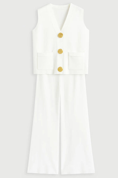 Mouwloze Gilet Set met Rechte Pantalon en Gouden Knopen Elegant