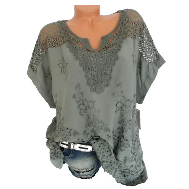 Vrouwelijke Korte Mouwen Blouse met Kanten Detail Losse Fit - StudioMarella