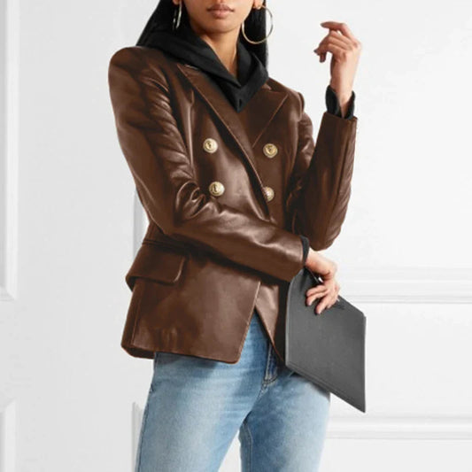 Leren Blazer Dames Bruin Gouden Knopen Casual Stijl - StudioMarella