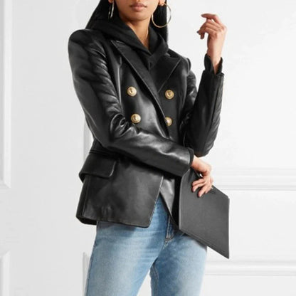 Leren Blazer Dames Bruin Gouden Knopen Casual Stijl