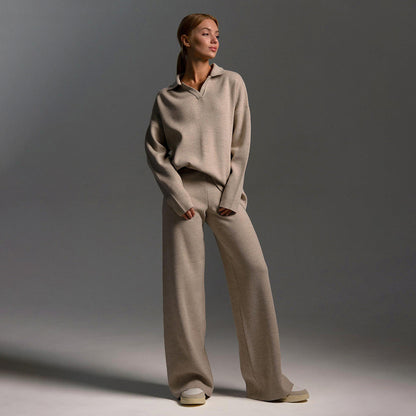 Dames Lounge Set Zandkleur Oversized Sweater en Wijde Broek