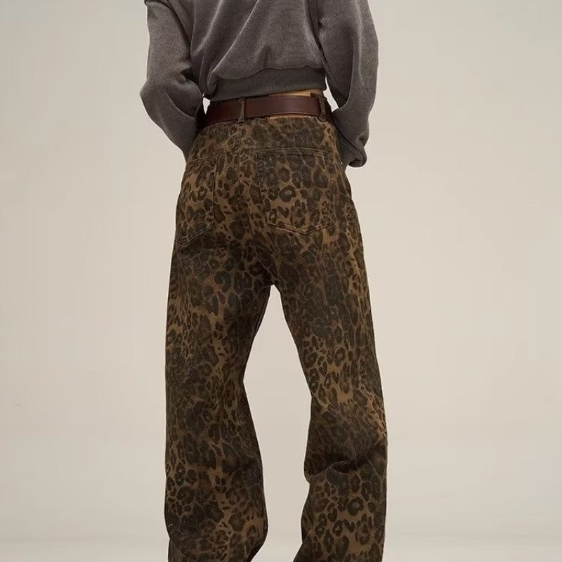 Dames Jeans Hoge Taille Luipaardprint Rechte Pijpen
