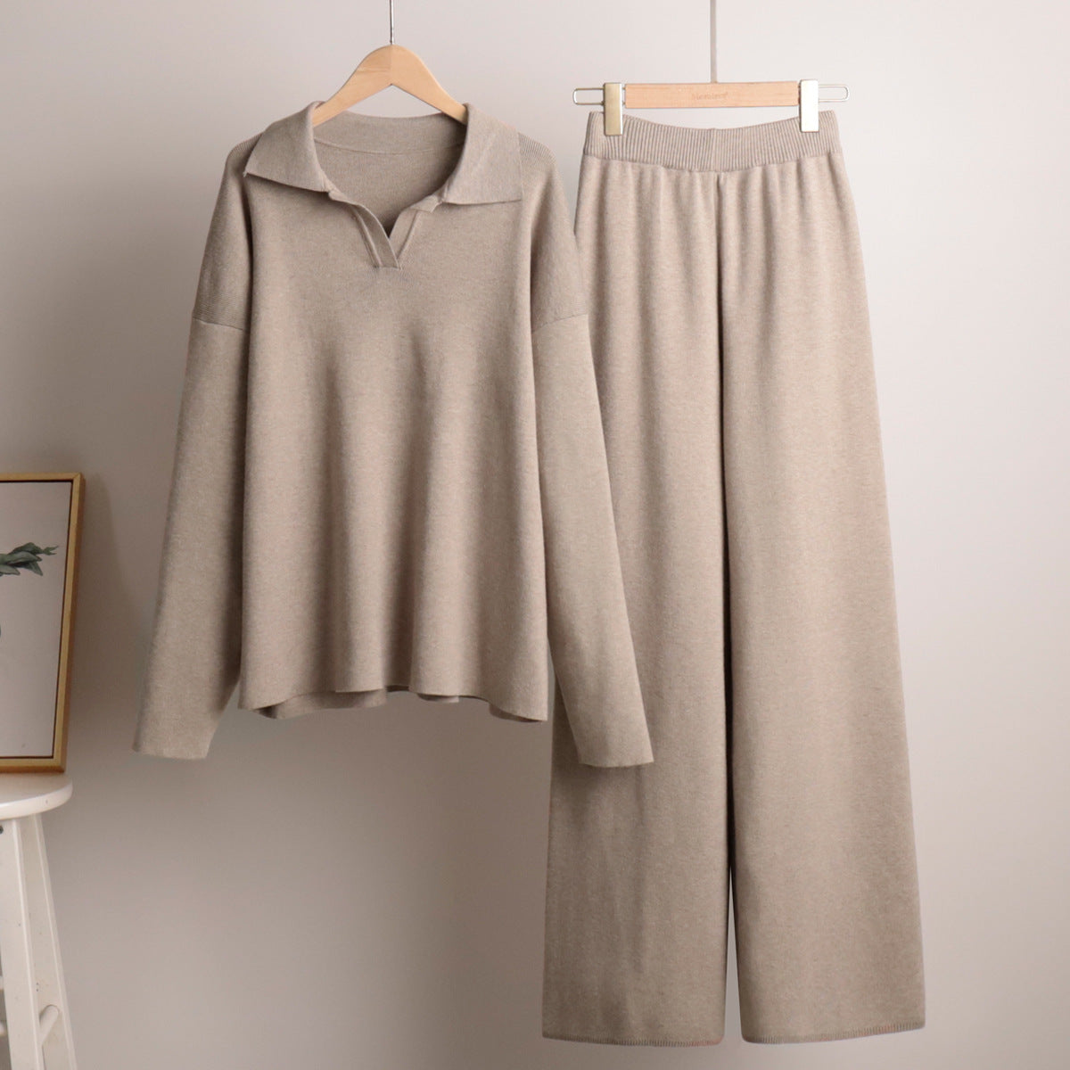 Dames Lounge Set Zandkleur Oversized Sweater en Wijde Broek