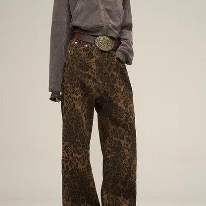 Dames Jeans Hoge Taille Luipaardprint Rechte Pijpen