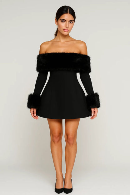 Dames Jurk Off Shoulder Lange Mouwen Pluizen Detail - StudioMarella