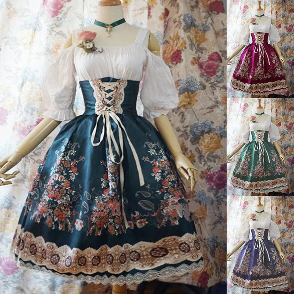 Oktoberfest Dirndl Jurk met Blauwe Rok en Witte Blouse