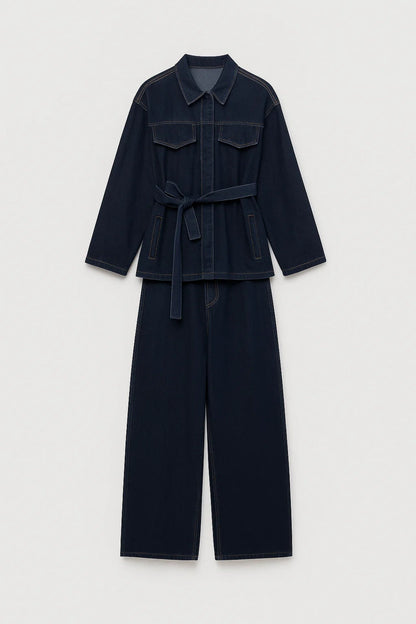 Dames Set - Oversized Jas met Wide Leg Jeans en Ceintuur Casual Kleding
