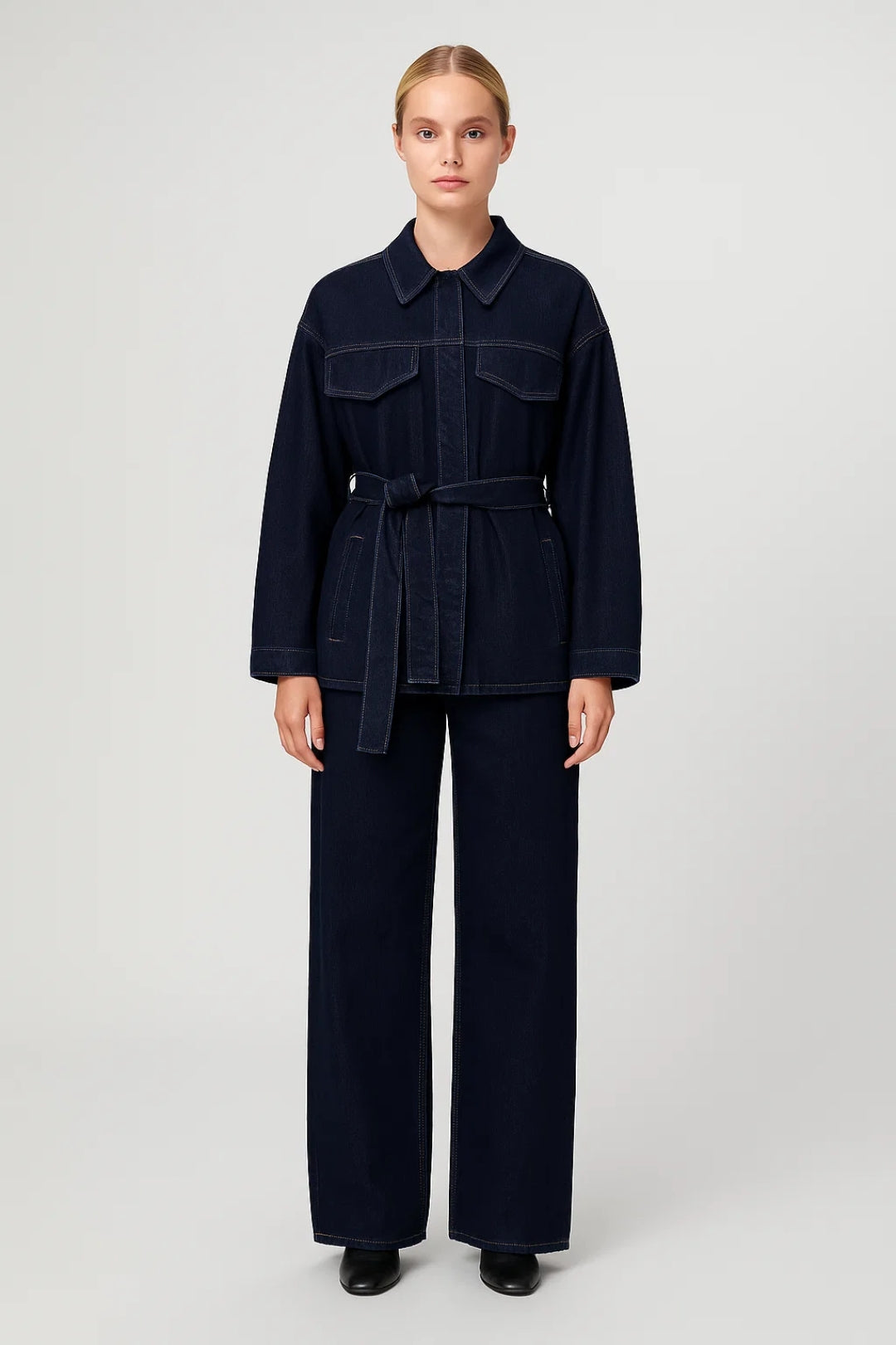 Dames Set - Oversized Jas met Wide Leg Jeans en Ceintuur Casual Kleding - StudioMarella