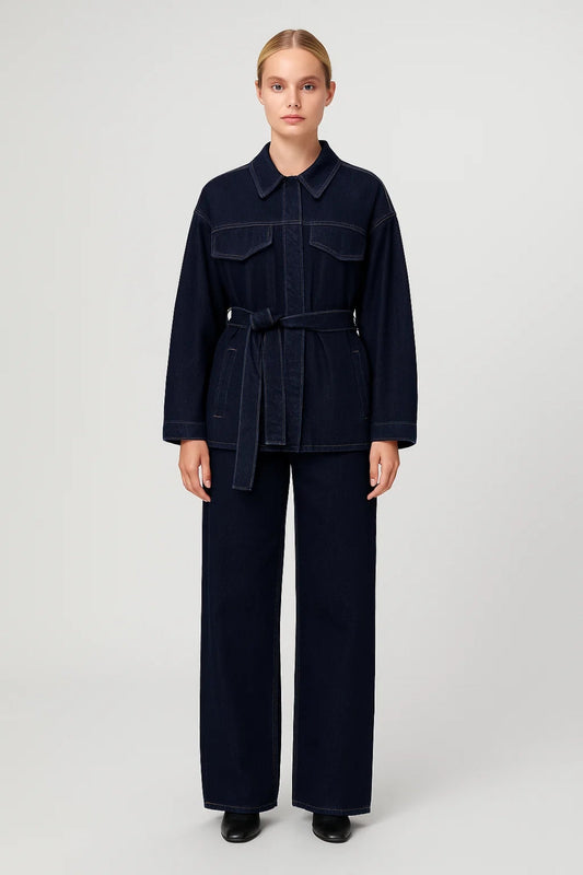 Dames Set - Oversized Jas met Wide Leg Jeans en Ceintuur Casual Kleding - StudioMarella