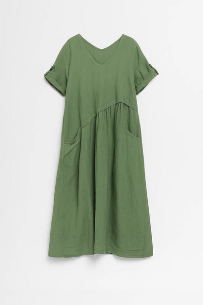 Midi Jurk Dames Oversized met V-hals en Zakken Casual Stijl - StudioMarella