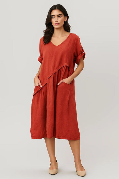 Midi Jurk Dames Oversized met V-hals en Zakken Casual Stijl