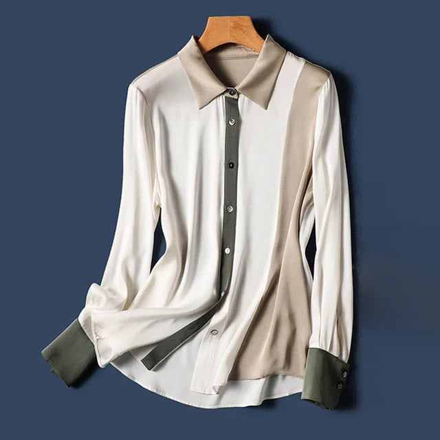 Zijde Blouse Met Plooikraag en Patchwork Patroon