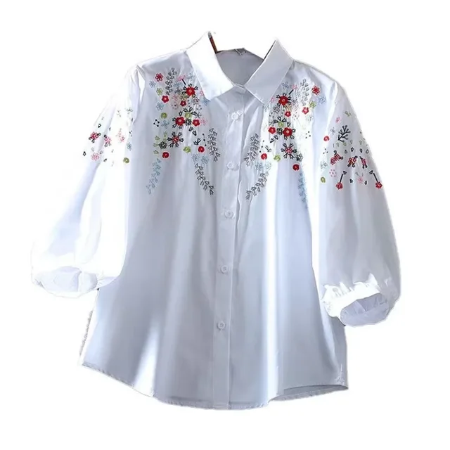 Katoenen Blouse met Bloemen Geborduurd voor Vrouw - StudioMarella