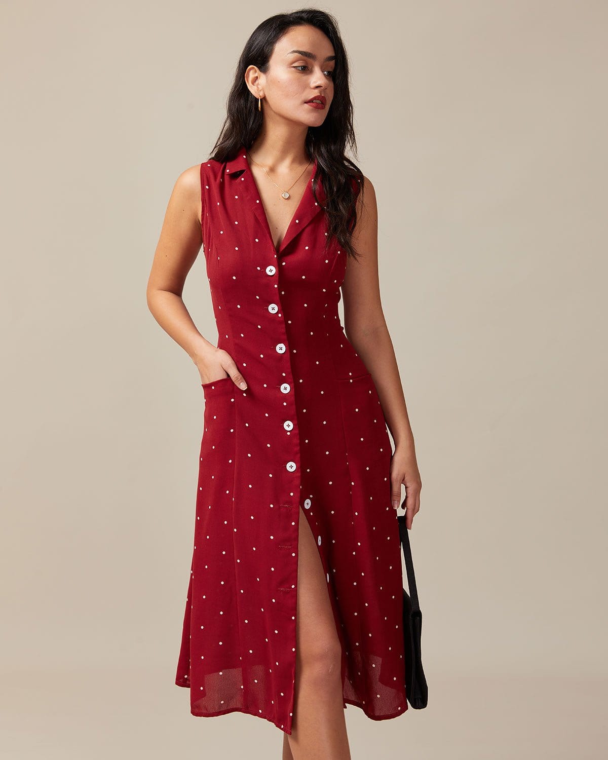 Rosa Midi Jurk Dames met Polkadot en V-hals - StudioMarella