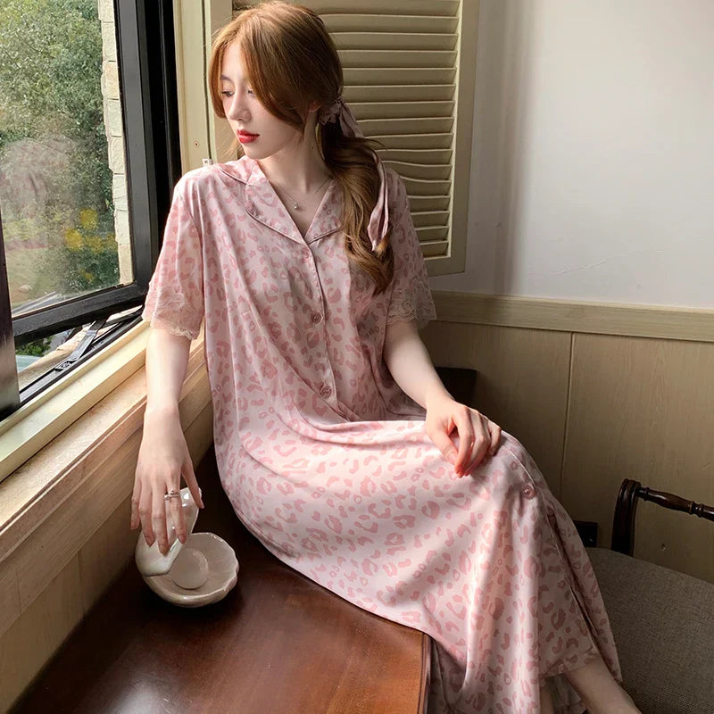 Slaapjurk Kant Leopard Print Rood Roze Vrouwelijk