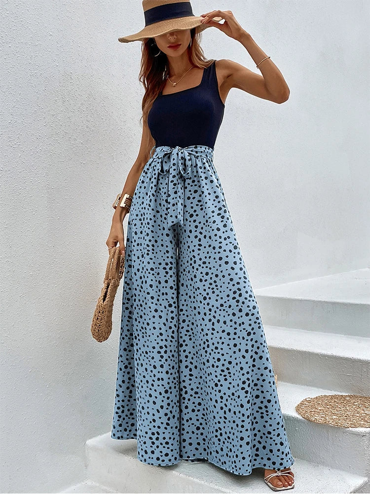 Vrouwelijke Jumpsuit Stippenprint Wijde Pijpen Comfortabel
