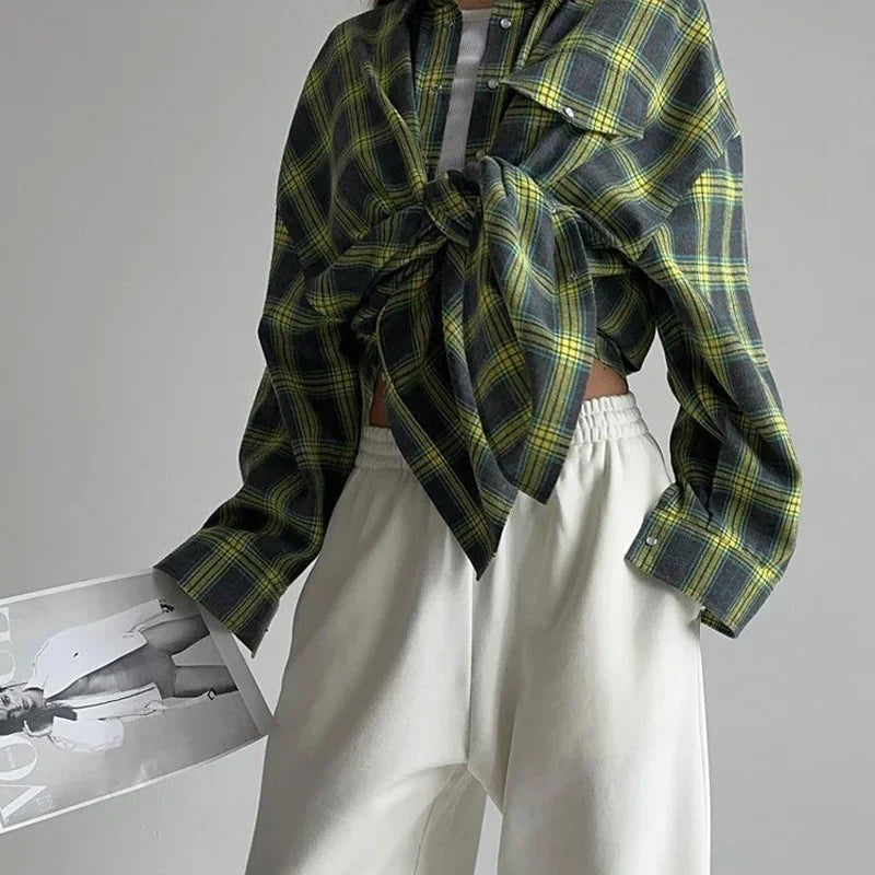 Dames Blouse Oversized Geruit met Zakken Blauw