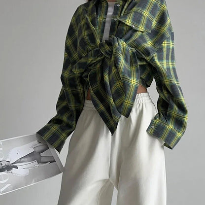 Dames Blouse Oversized Geruit met Zakken Blauw