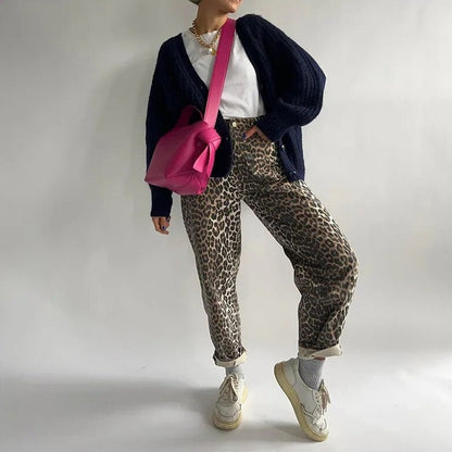 Damesjeans Hoge Taille met Luipaardprint Elastisch