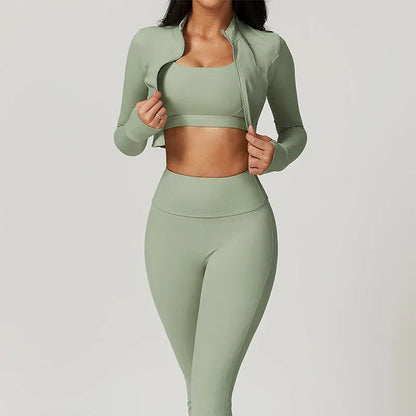 Dames Sportset 3-Delig - Cropped Vest, Sportbh en High Waist Legging