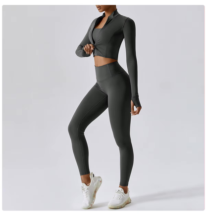 Dames Sportset 3-Delig - Cropped Vest, Sportbh en High Waist Legging