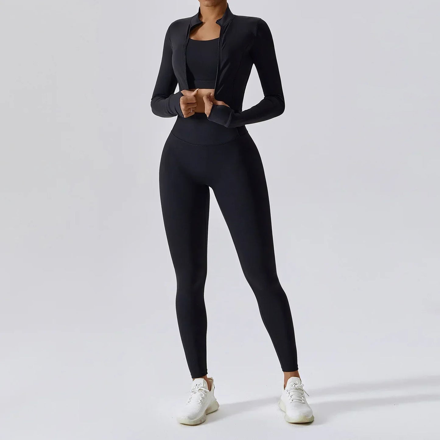 Dames Sportset 3-Delig - Cropped Vest, Sportbh en High Waist Legging