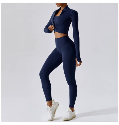 Dames Sportset 3-Delig - Cropped Vest, Sportbh en High Waist Legging