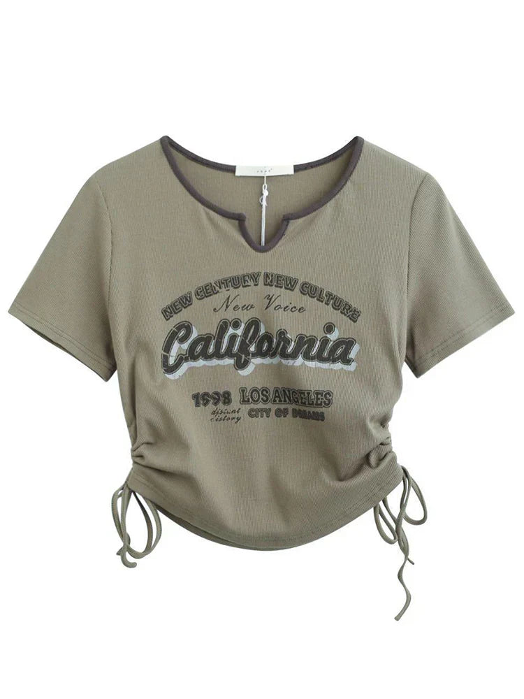 Retro Crop Top Korte Mouw Letter Dames