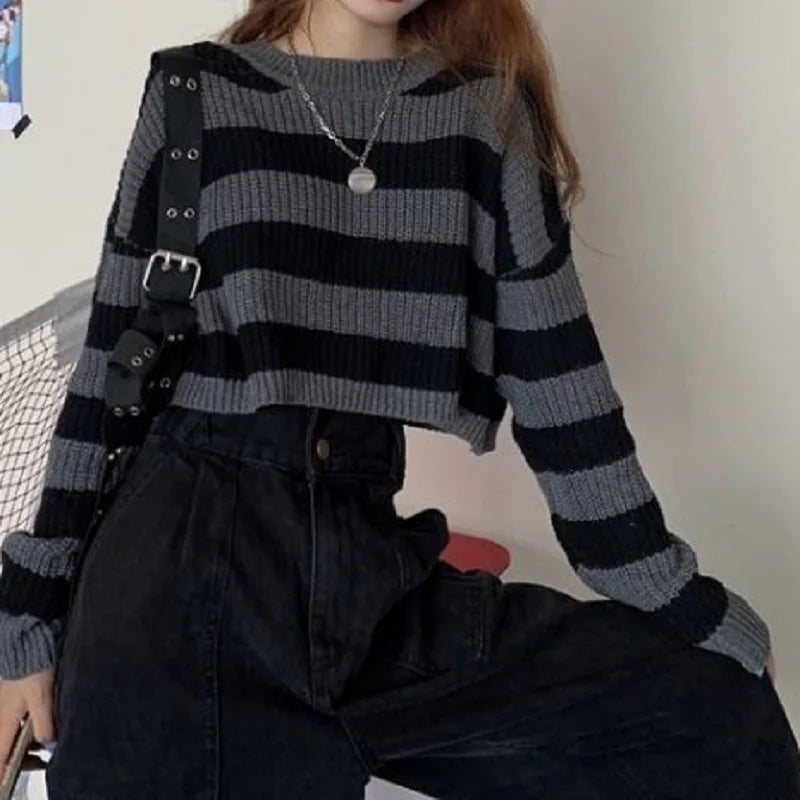 Dames Trui Oversized Wit Gebreide Streep Patronen