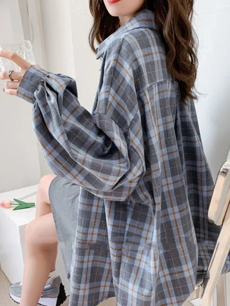 Lange Geruit Overhemd Oversized Mannen