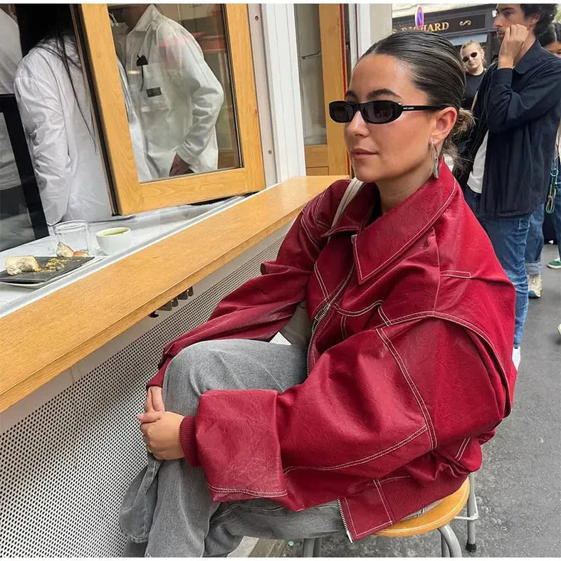 Oversized Leren Jas Rood Dames