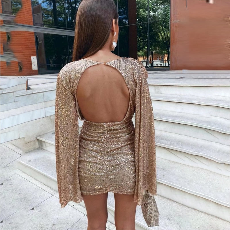 Glamoureuze Glitter Jurk V-Hals Open Rug Feestjurk
