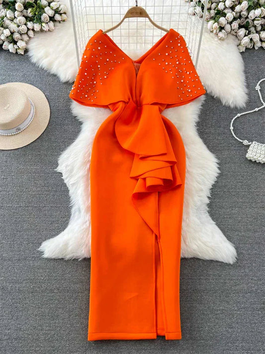 Mouwloze Avondjurk Oranje Vintage Stijl voor Dames - StudioMarella