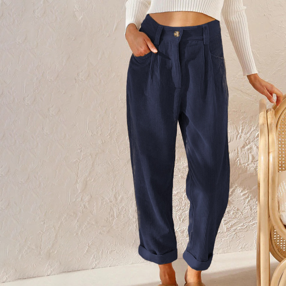 Damesbroek Hoge Taille Corduroy met Opgerolde Pijpen
