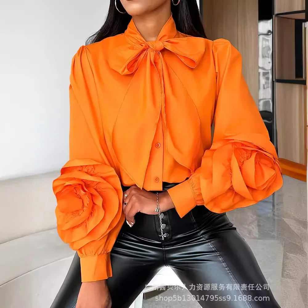 Vrouwen Strikshirt Bloemenpatroon Oranje Zomerse Stijl