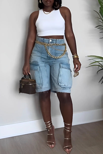 Dames Cargo Shorts Blauwe Denim Comfortabele Zomerbroek - StudioMarella