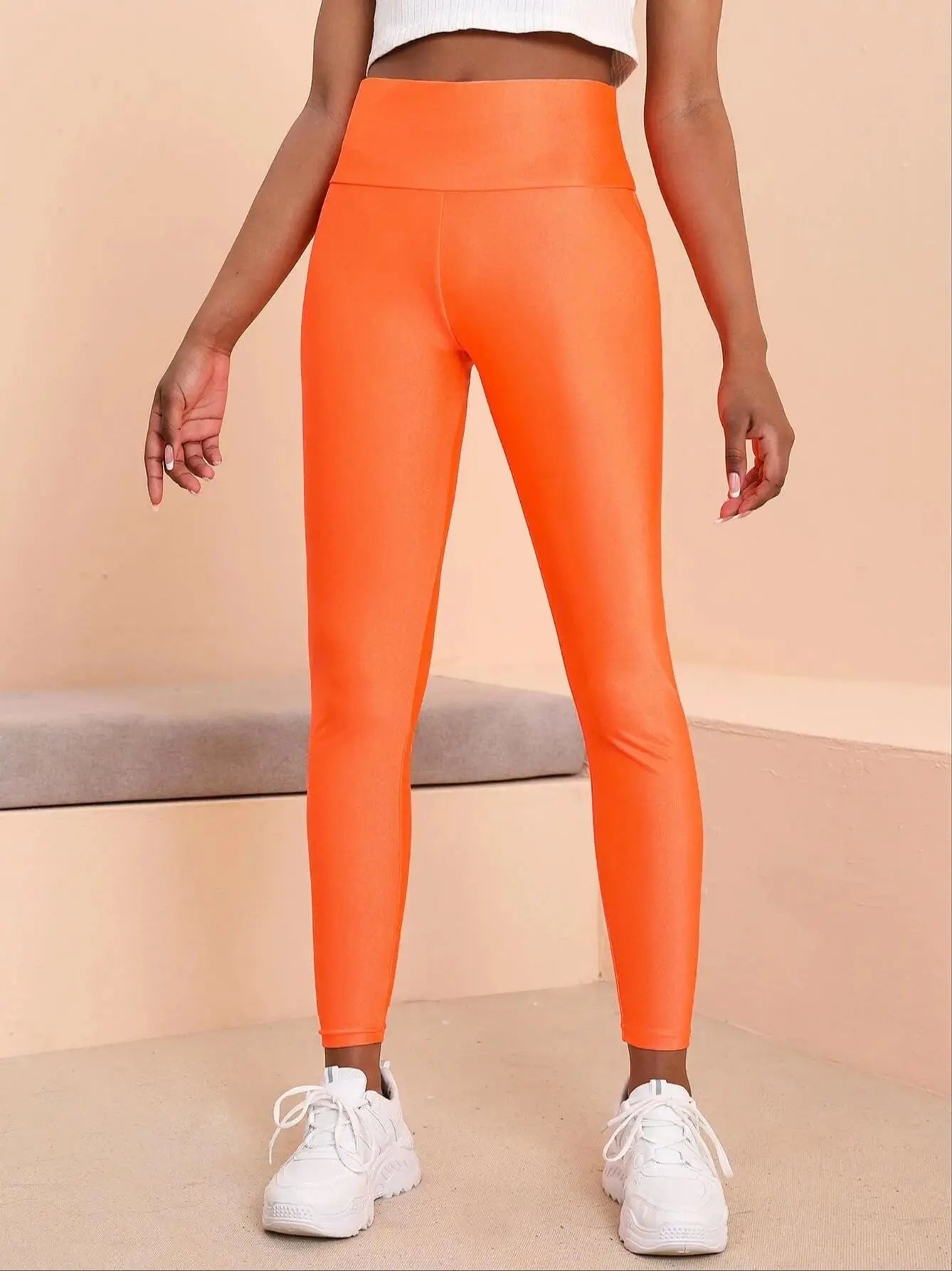 Oranje High Waisted Legging voor Dames Glanzend