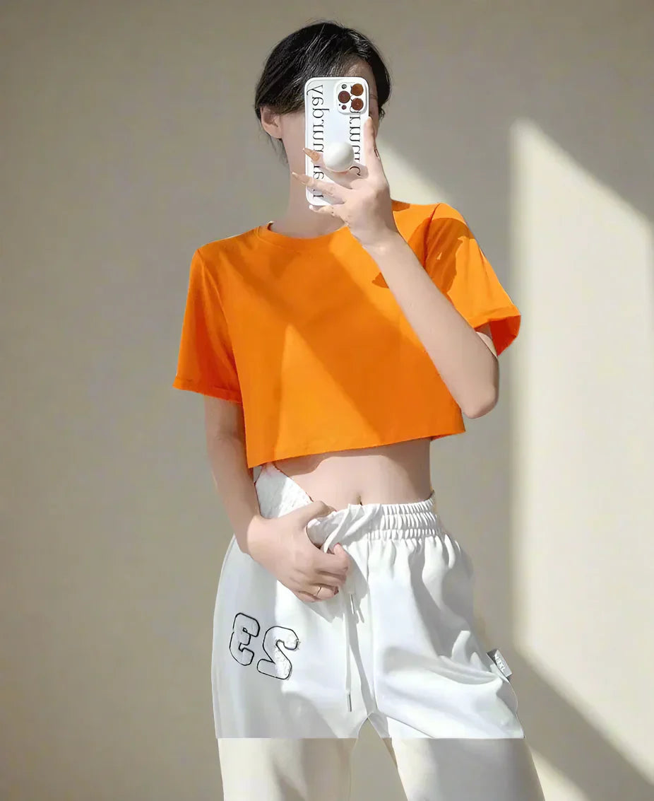 Dames Zomertop Oranje Korte Mouwen Slim Fit