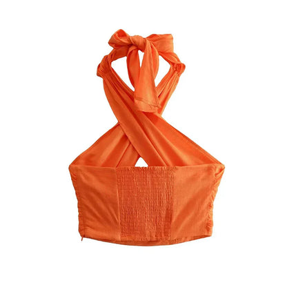 Oranje Haltertop Korte Dames Top Gekruist Design